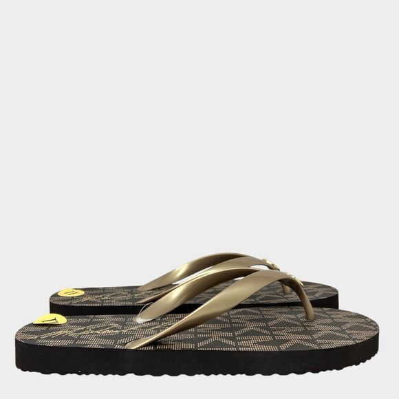 Michael Kors Jet Set Womens 11 Brown Flip Flops Gold Sandals Beach PVC Signature - Picture 2 of 12